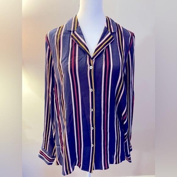 NWT Serein Large Navy Striped Blouse Button Front - Picture 1 of 7